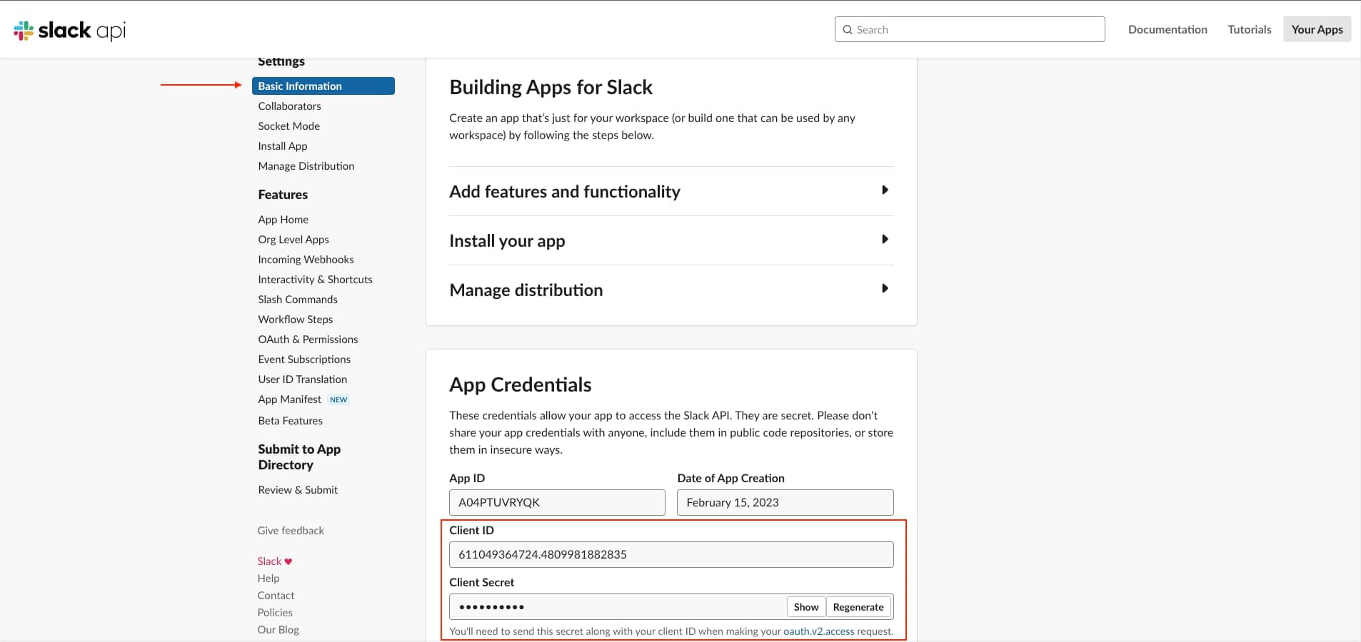 Copying values from the Slack dashboard