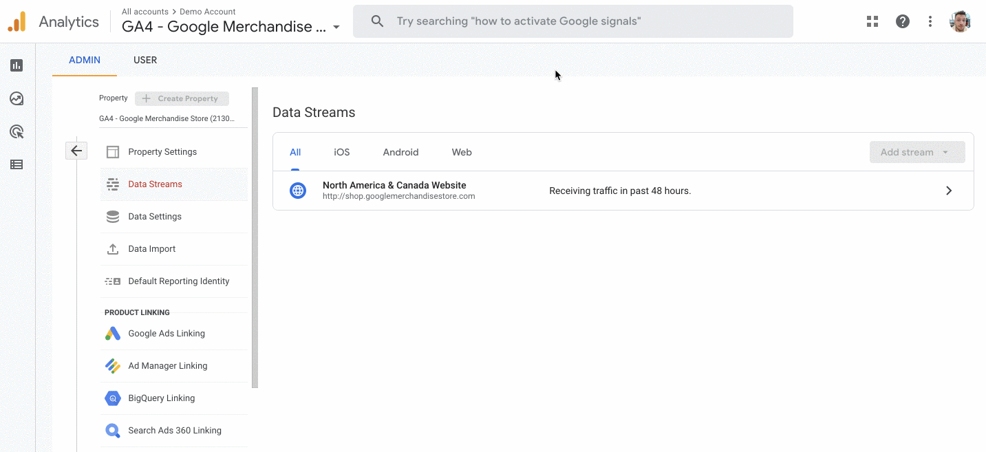 A gif showing how to access the measurement ID in the Google Analytics UI.